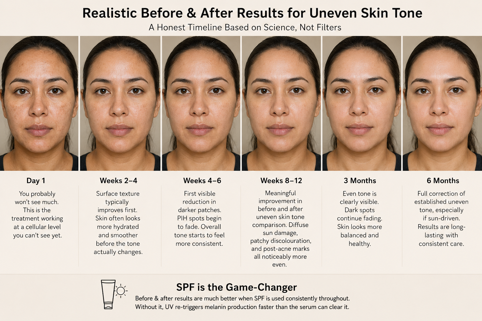 Realistic before and after results for uneven skin tone